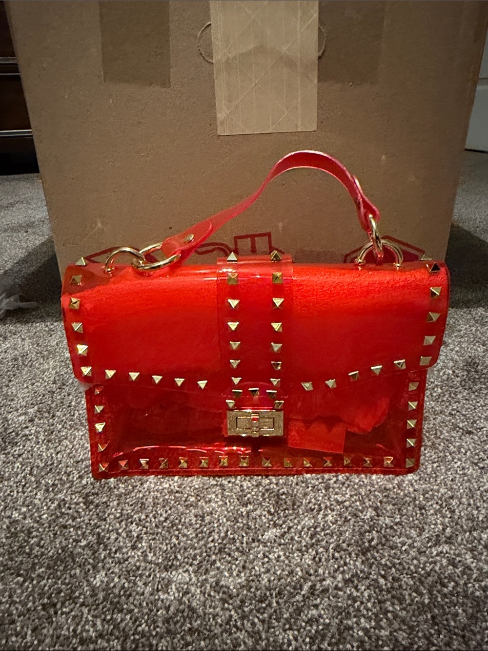Red Clear Satchel with Gold Stud Accents
